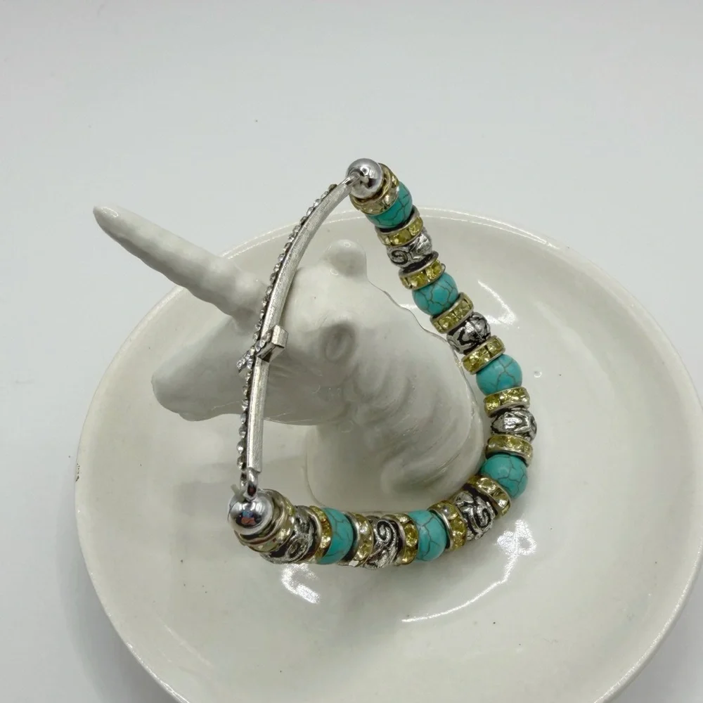 Sideways Cross Stretch Bracelet with Turquoise Beads & Crystal Rhinestones
